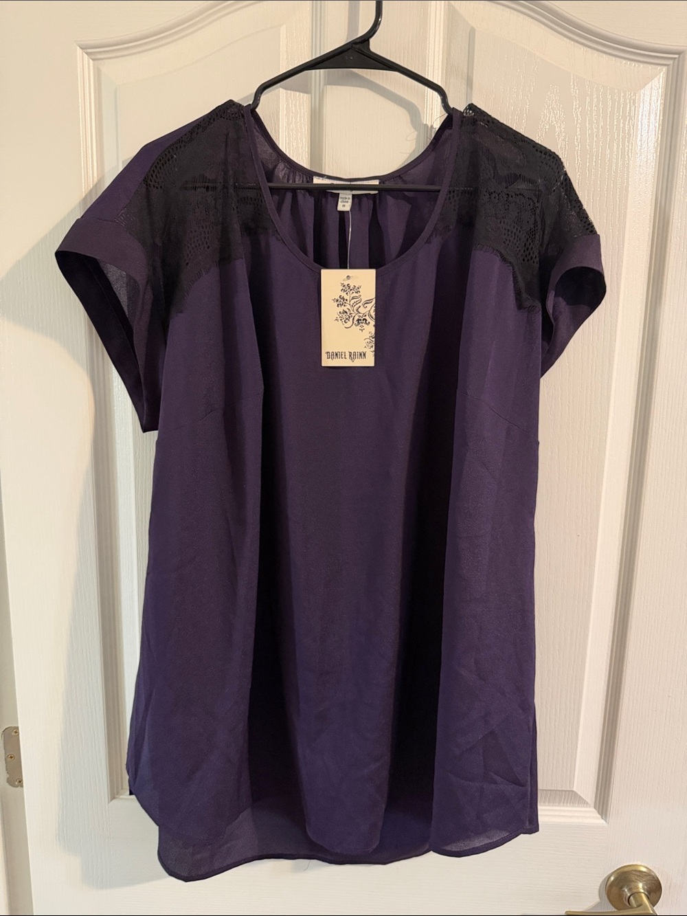 Daniel Rainn Deep Purple Lace-Yoke Short Sleeve Blouse NWT 1X